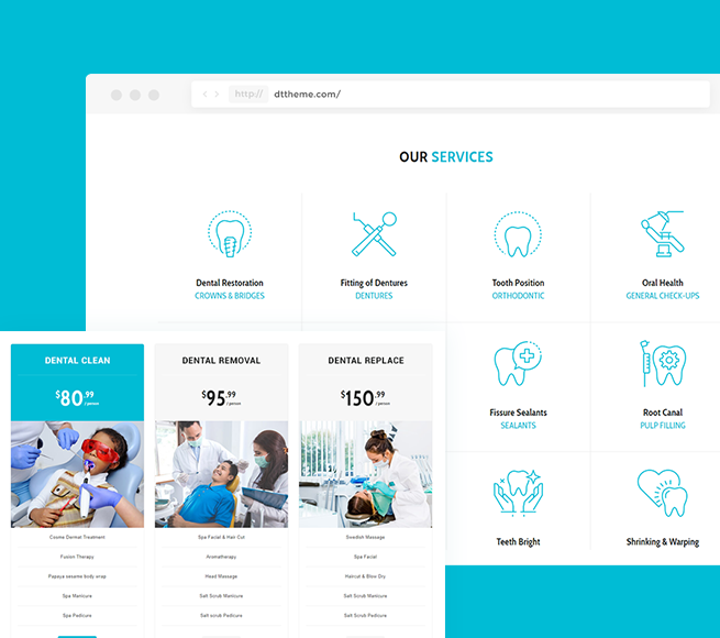 Service section for dentists in the Dental WordPress Theme