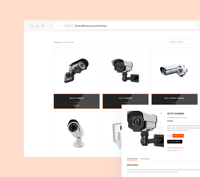 WooCommerce integration for selling cameras and other equipments with Free WordPress CCTV Theme