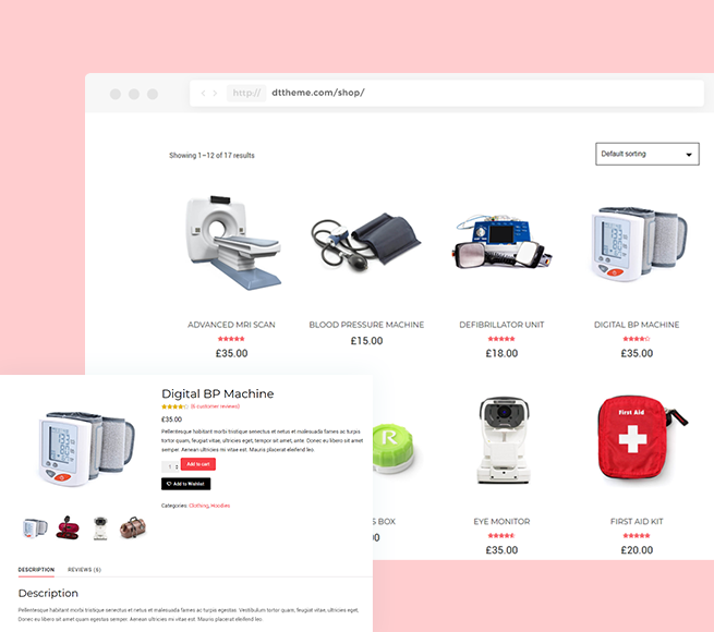 WooCommerce integration for selling hospital and other equipments with Plastic Surgery Free WordPress Theme