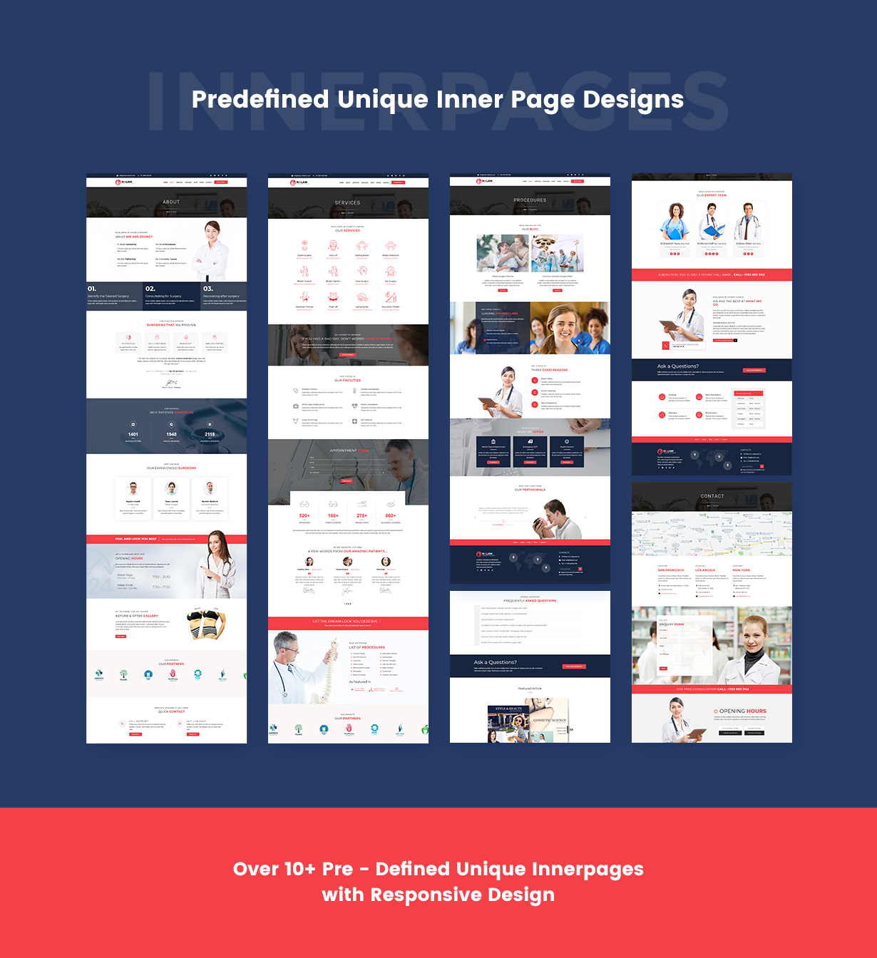 Predefined Unique Inner page designs in Cosmetic Surgery WordPress Theme