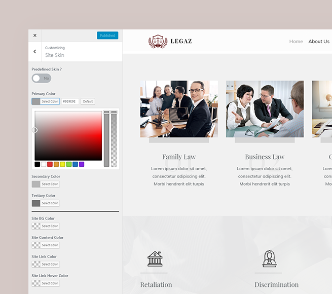 Customization options in Law Business WordPress Theme Free Download