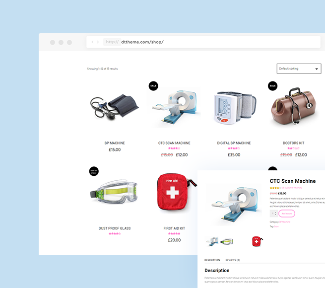 Medical Equipment added with Woocommerce in this Free Health and Medical Wordpress Theme